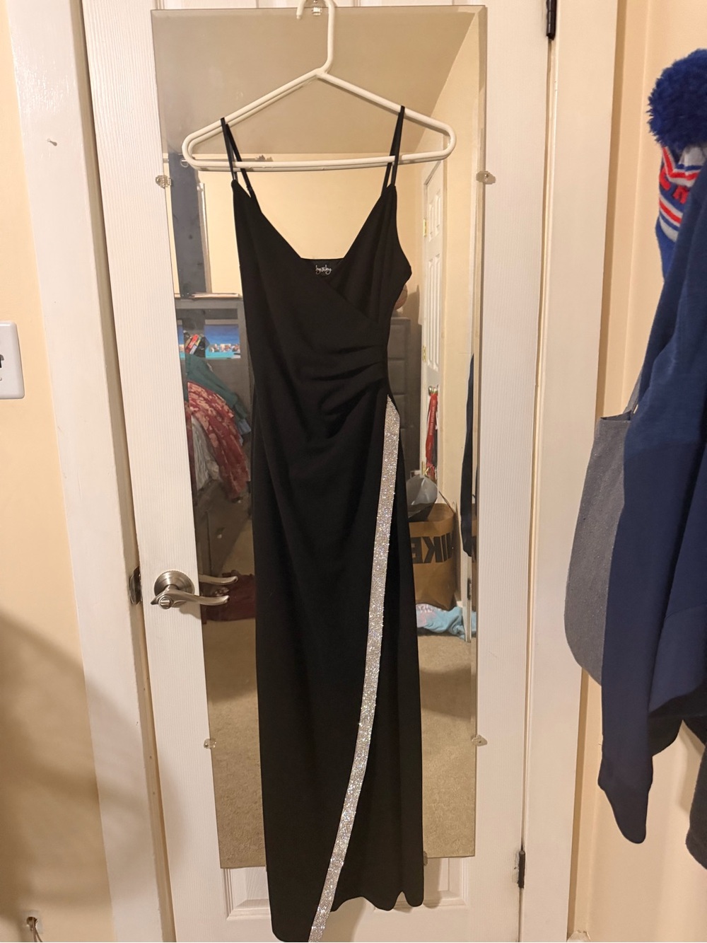 by & by Black Spaghetti Strap Prom Dress with Silver Sequin Side Stripe